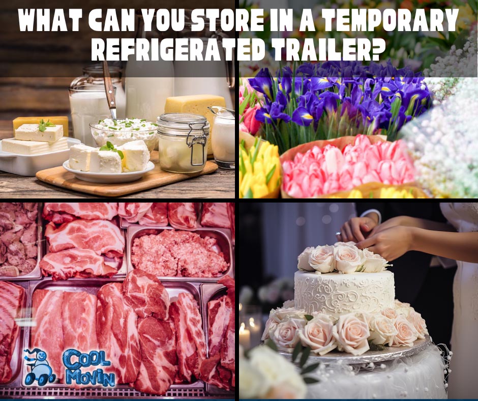 dairy, flowers, meat, and cake in temporary refrigerated trailer